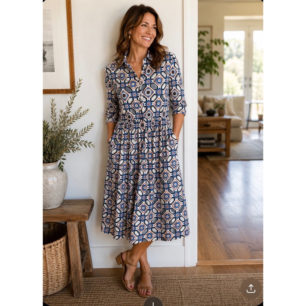 Grace + Karma Womens Blue Geometric Floral Tiered Midi Button Down Dress Small - Picture 1 of 6